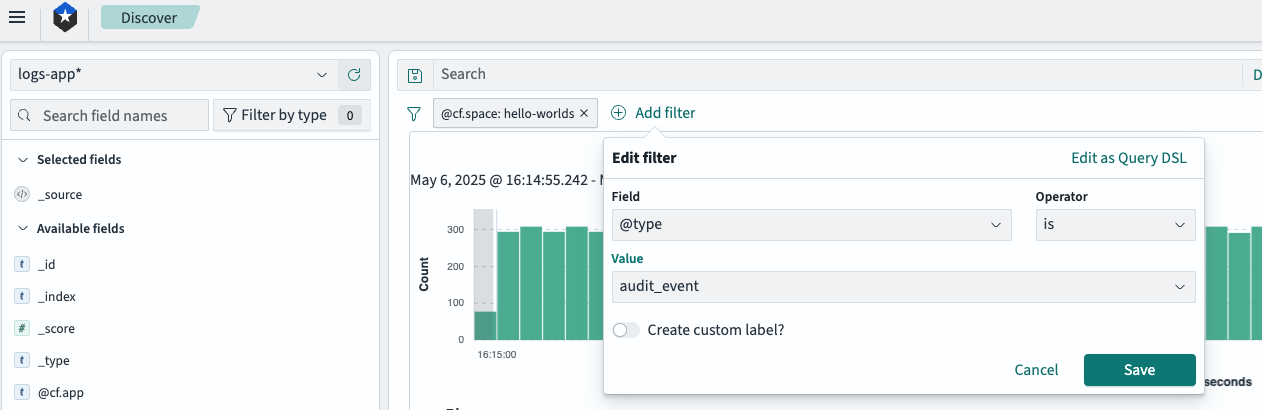 &quot;Screenshot of OpenSearch Dashboards interface showing the addition of a filter for the @type field with a value of audit_event&quot;