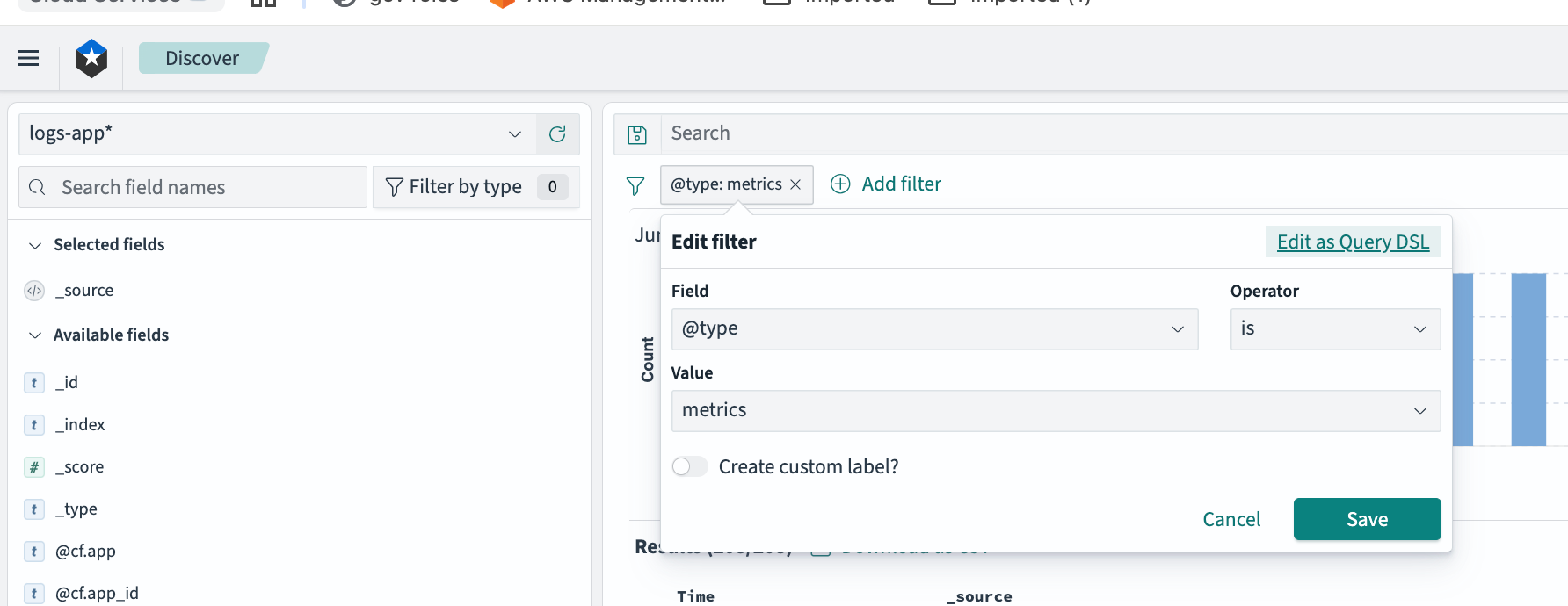 &quot;Screenshot of OpenSearch Dashboards interface showing the addition of a filter for the @type field with a value of metrics&quot;