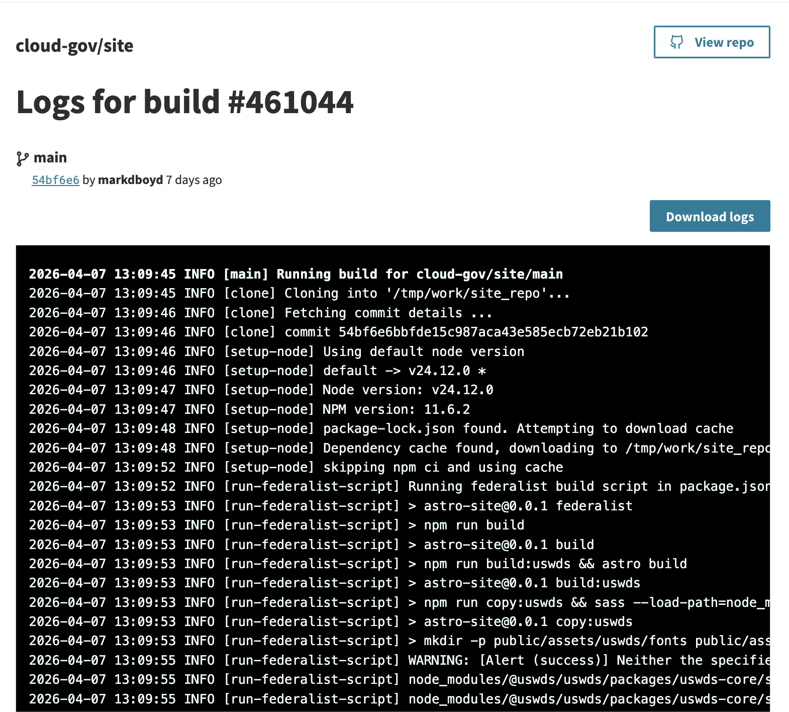 Build logs screenshot