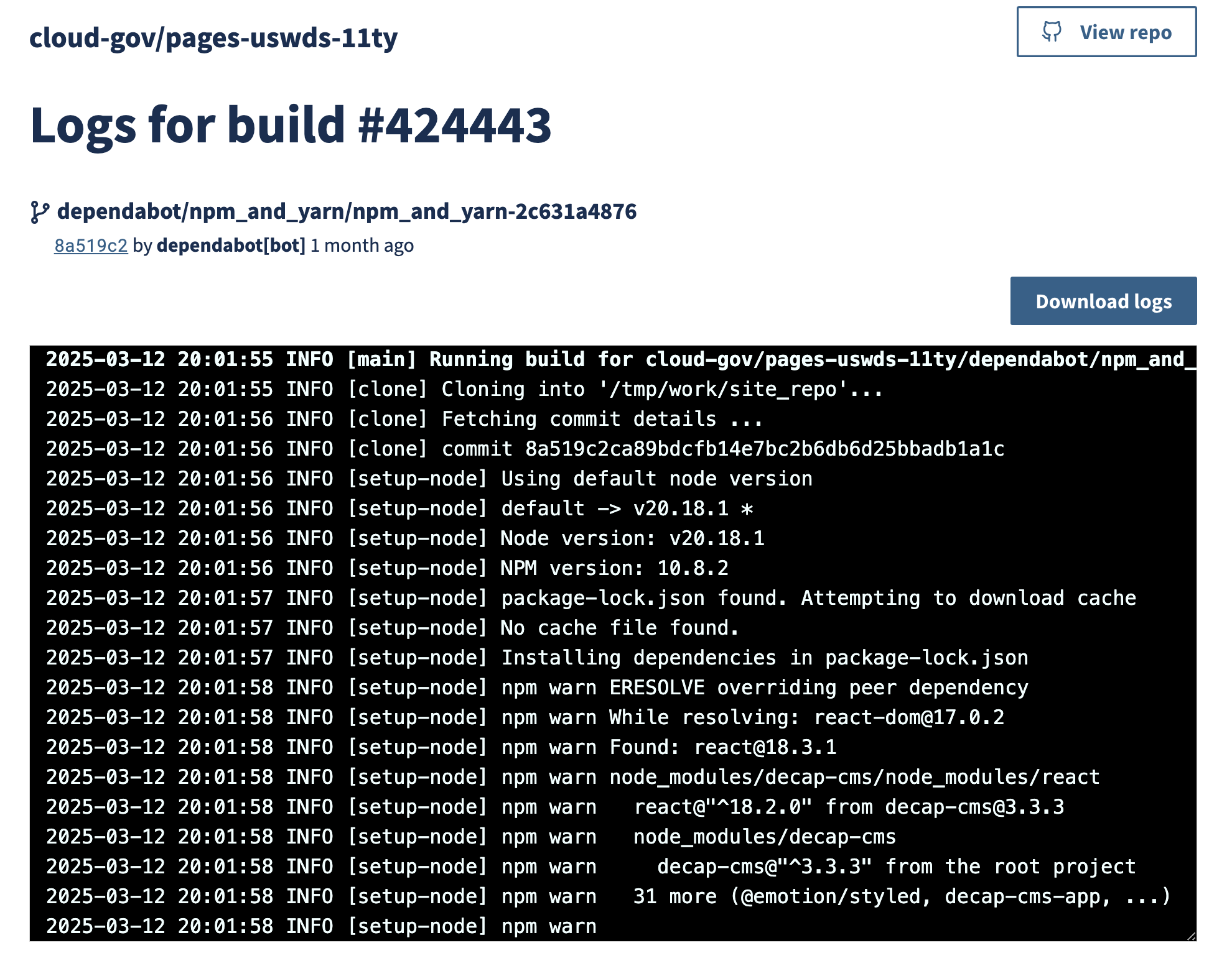 Build logs screenshot