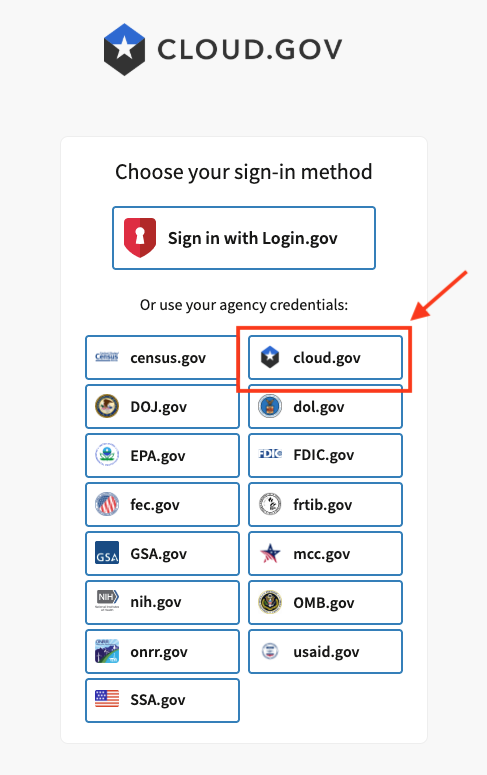 "Screenshot of Cloud.gov login page with arrow pointing to Cloud.gov identity provider option"