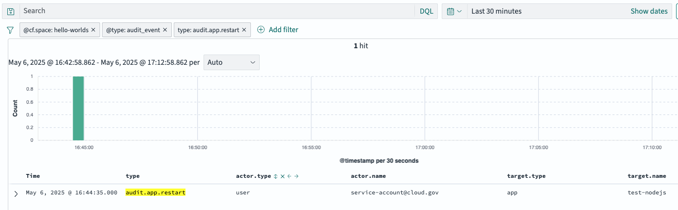 &quot;Screenshot of OpenSearch Dashboards interface showing a filtered search for app restart audit events&quot;