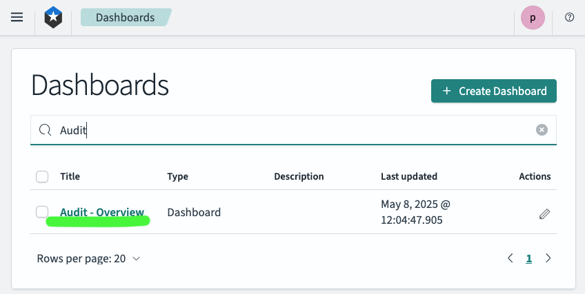 &quot;Screenshot of searching OpenSearch Dashboards for ones with &#39;Audit&#39; in the name&quot;