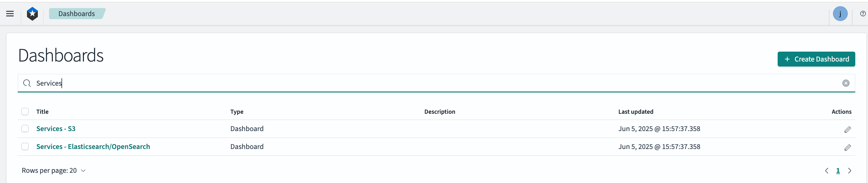 &quot;Screenshot of searching OpenSearch Dashboards for ones with &#39;Services&#39; in the name&quot;