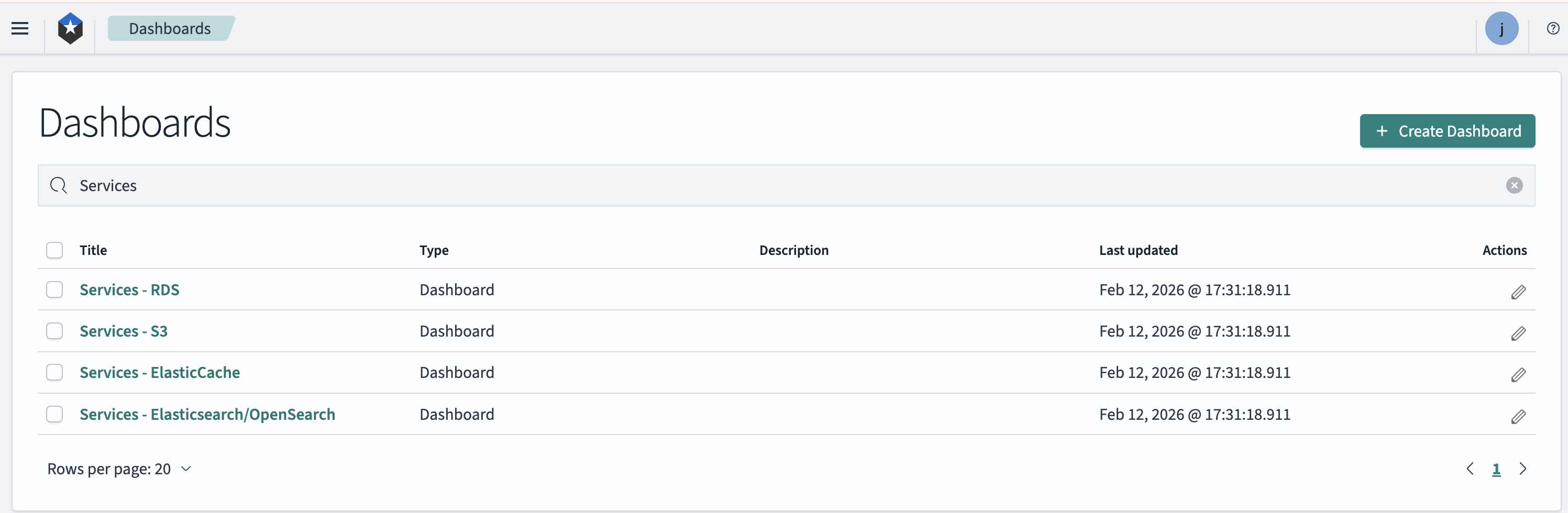 "Screenshot of searching OpenSearch Dashboards for ones with 'Services' in the name"
