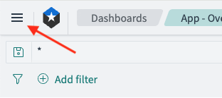 Screenshot of OpenSearch Dashboards with an arrow pointing to the hamburger menu icon used to open the main navigation
