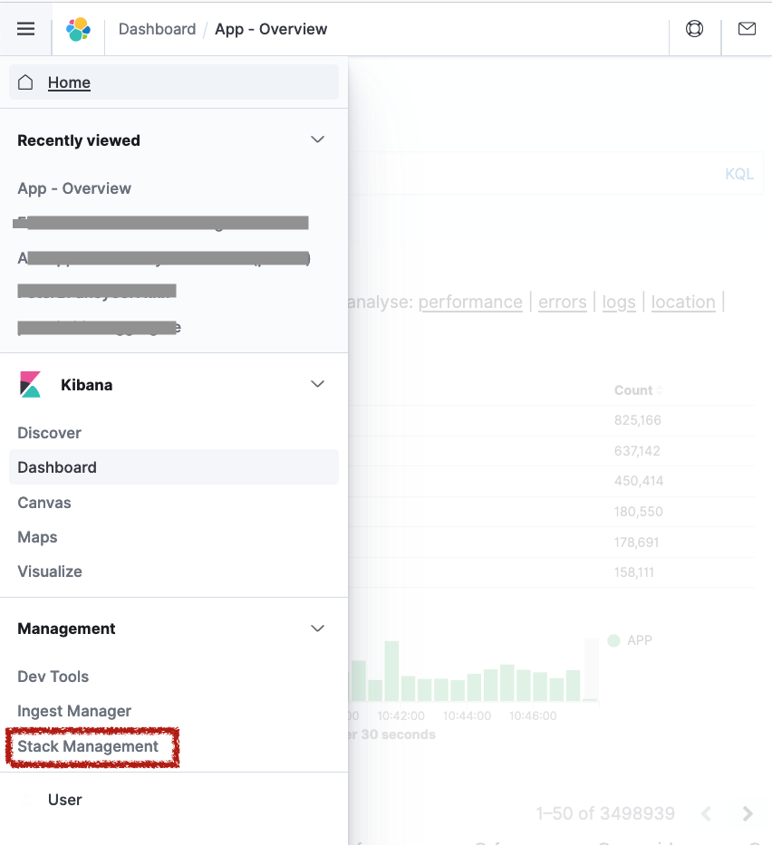 &quot;Screenshot of Kibana leftnav with Stack Management highlighted&quot;
