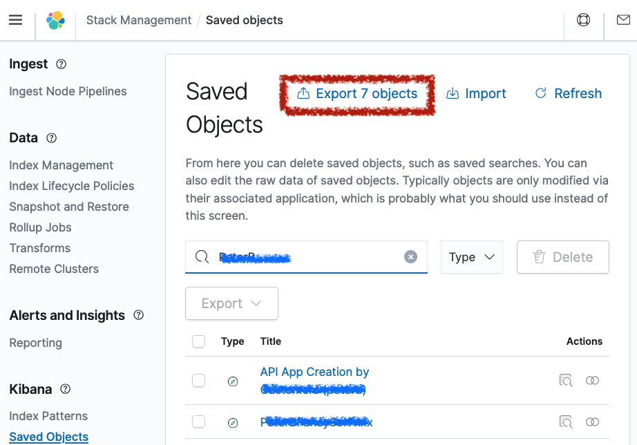 &quot;Screenshot of Kibana View Saved Objects with Export 7 Objects highlighted&quot;