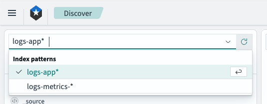 Screenshot of OpenSearch Dashboards showing the expanded dropdown menu for selecting an index pattern
