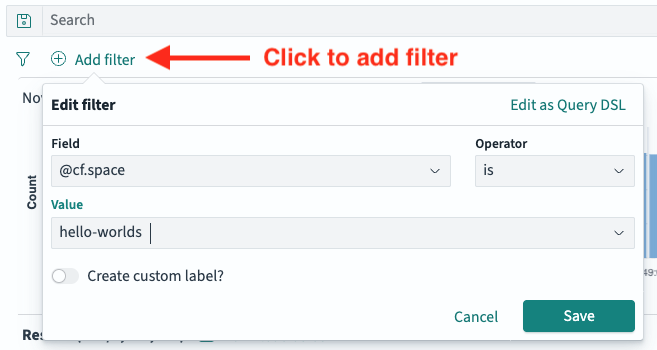 Screenshot of OpenSearch Dashboards showing an open modal window for adding a search filter on the Discover page