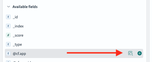 Screenshot of OpenSearch Dashboards with the cursor hovering over a field name under the list of available fields on the Discover page and an arrow pointing to an icon for visualizing the field values