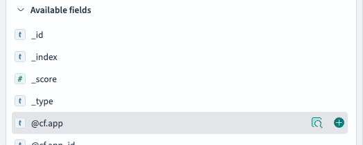 Screenshot of OpenSearch Dashboards with the cursor hovering over a field name under the list of available fields on the Discover page