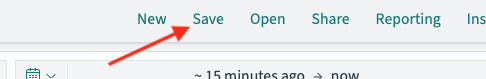Screenshot of OpenSearch Dashboards with an arrow pointing to the Save link on the Discover page