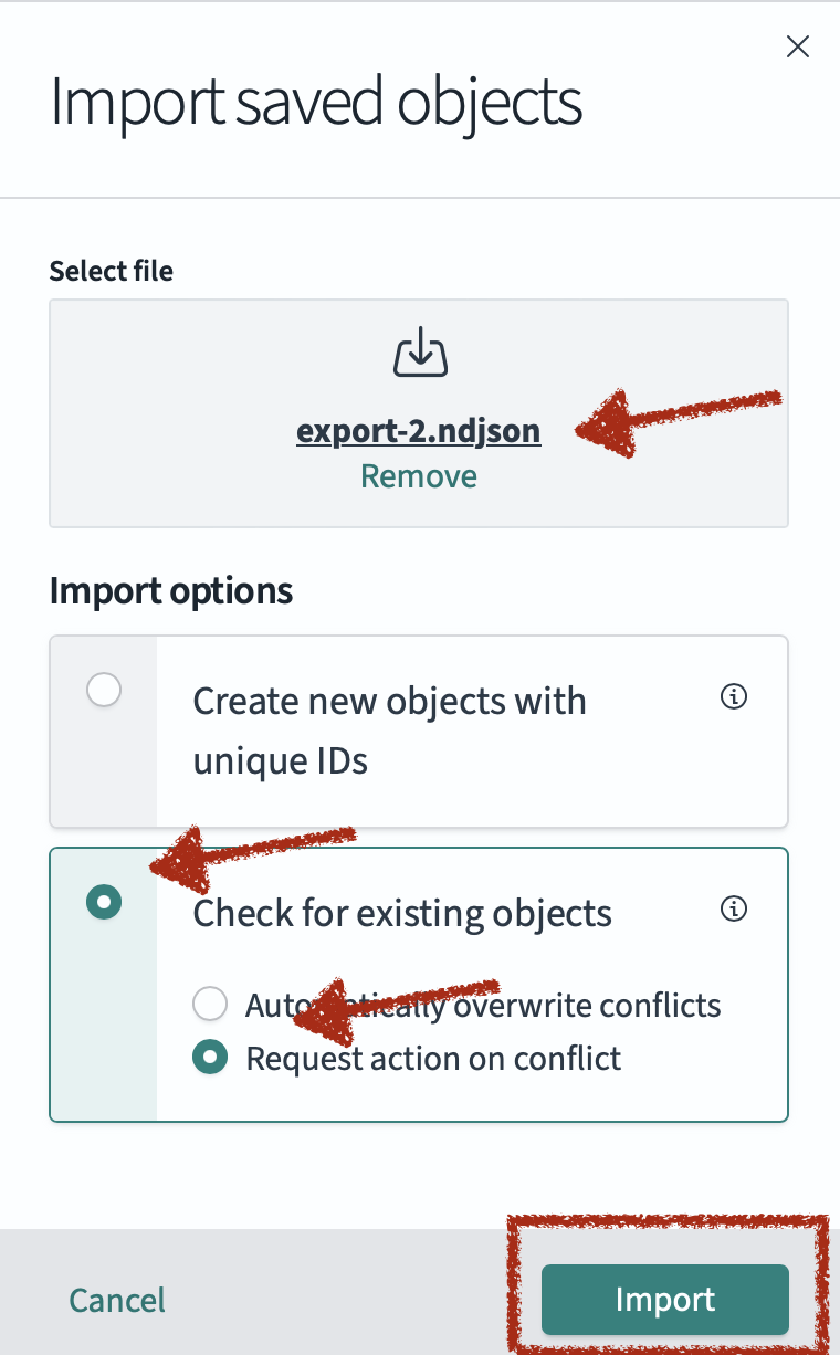 &quot;Screenshot of Import saved objects, with selections as described&quot;