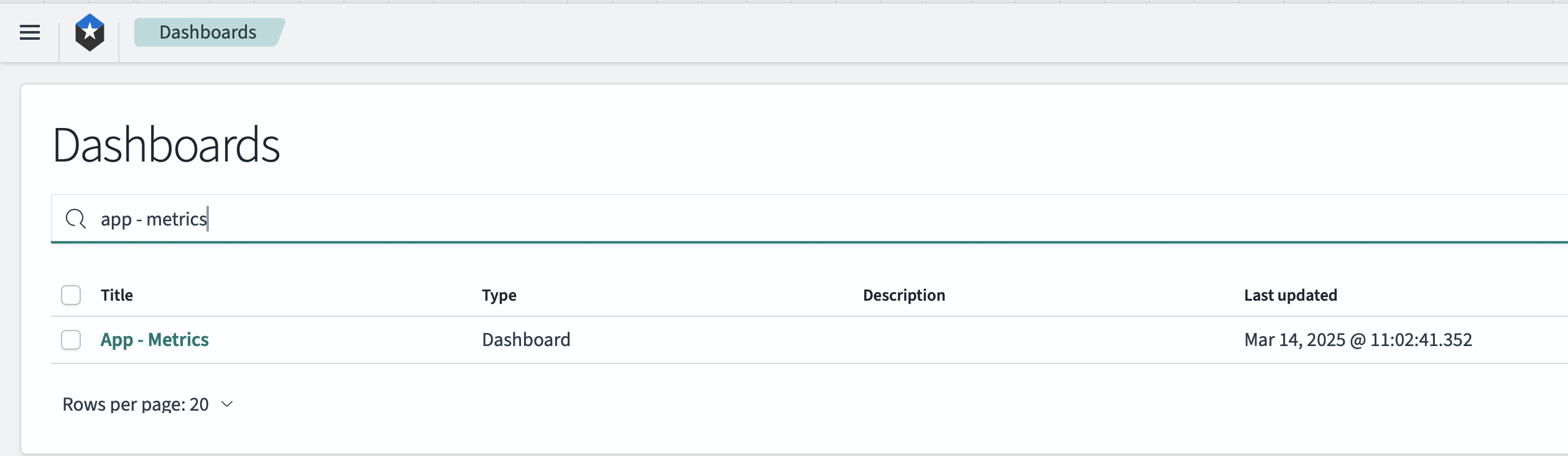 &quot;Screenshot of OpenSearch dashboards search page with App - Metrics as the search query&quot;