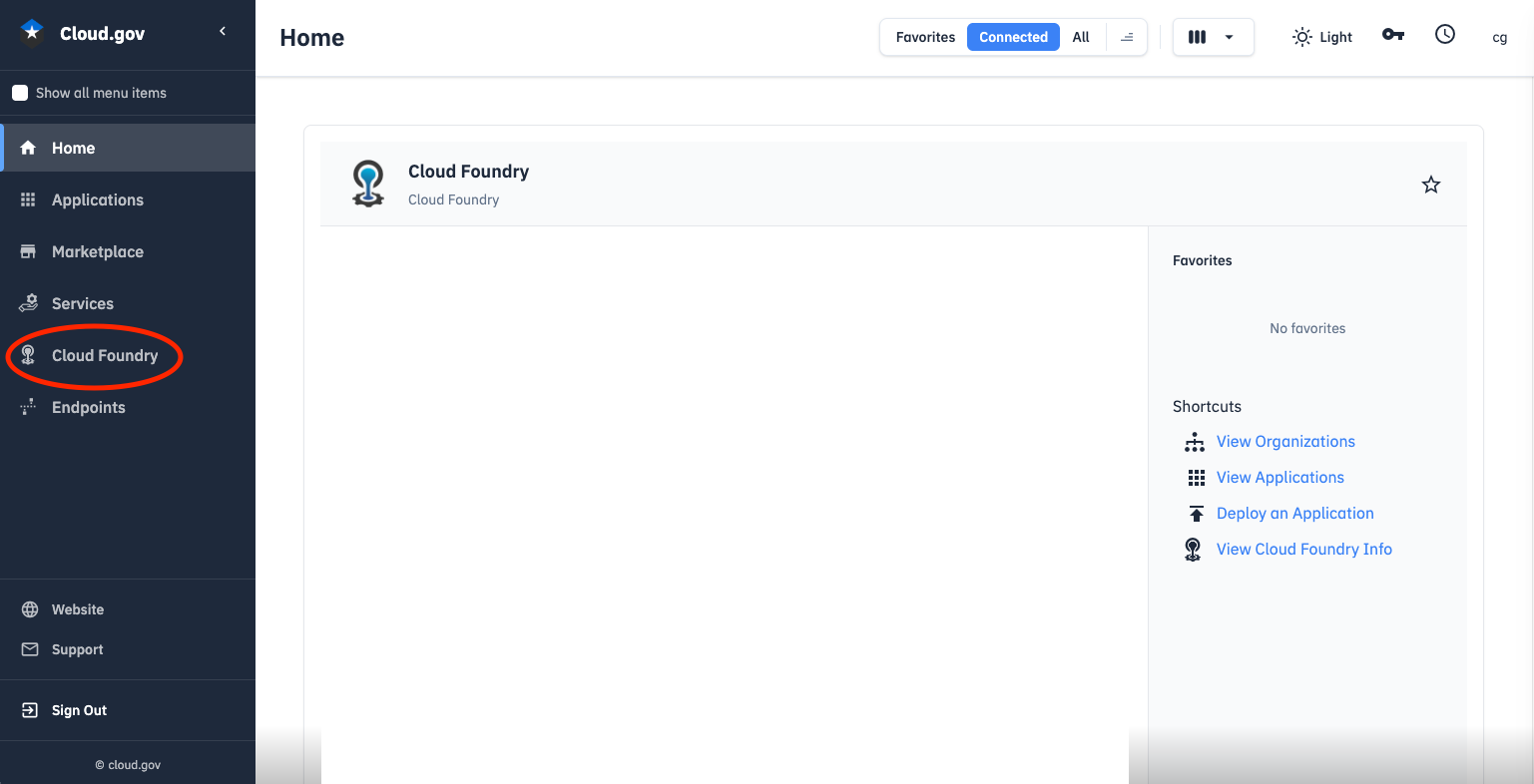 "In the left menu, click on the Cloud Foundry text."