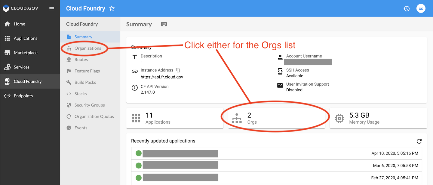 &quot;Click either Organizations in the secondary left menu that appears or the box labeled Orgs in the bottom center of the screen.&quot;