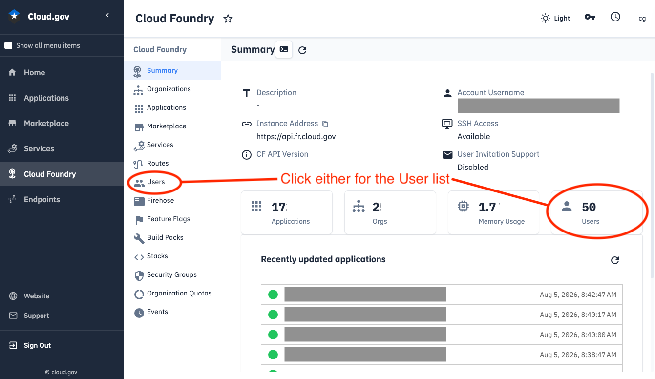 "Click on either Users in the secondary left menu that appears or the box labeled Users in the bottom center of the screen."