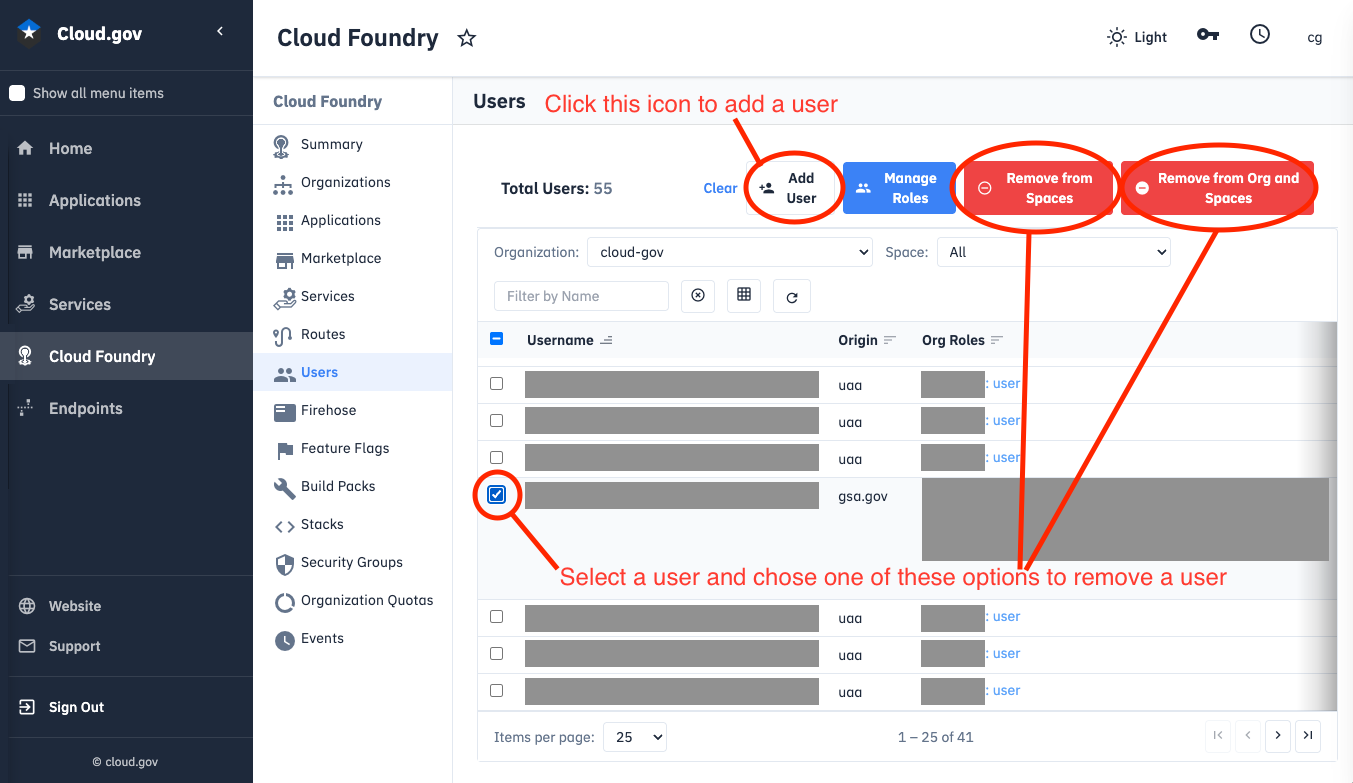 "Click on the Add User icon toward the top of the screen. Note that you also remove users by selecting the check box and choose either Remove from Spaces or Remove from Org and Spaces"
