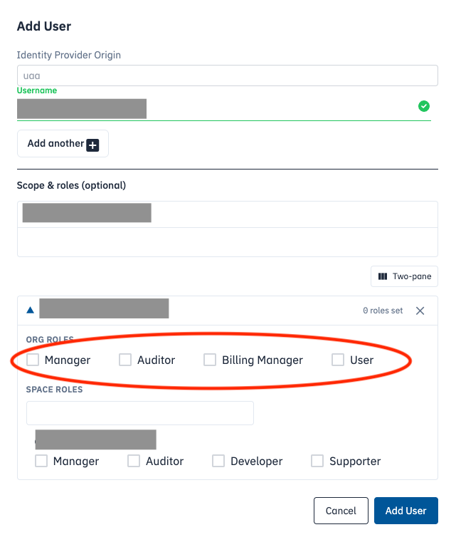 "Select the roles that you would like to add or remove from the user. You may also set roles for any spaces within the organization that you would like to add or remove them from on this screen."