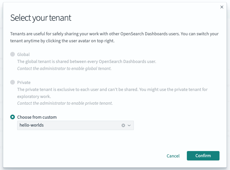 Screenshot of OpenSearch Dashboards showing the modal window for selecting a tenant