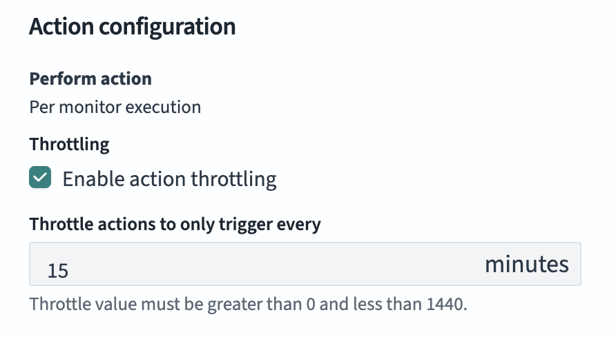 "Screenshot of OpenSearch Dashboards showing the configuration of throttling for an alerting action with a 15 minute throttling interval specified"