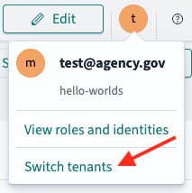 Screenshot of OpenSearch Dashboards showing the user information popup window including the link for switching tenants